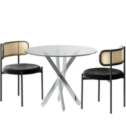 Spisebordssæt med 2 stole og hærdet glas, 80x80 cm, moderne med galvaniserede ben, sort og sølv silver