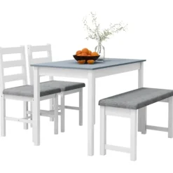 Spisebordssæt, Spisebord Med 2 Polstrede Stole, Bænk, 4-Delt Spisebordssæt, Spisestuegruppe Med Linnedlook, Fyrretræ, Grå, Hvid