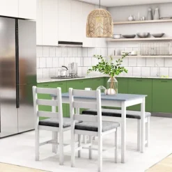 Spisebordssæt, Spisebord Med 2 Polstrede Stole, Bænk, 4-Delt Spisebordssæt, Spisestuegruppe Med Linnedlook, Fyrretræ, Grå, Hvid