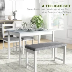 Spisebordssæt, Spisebord Med 2 Polstrede Stole, Bænk, 4-Delt Spisebordssæt, Spisestuegruppe Med Linnedlook, Fyrretræ, Grå, Hvid