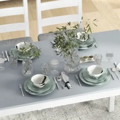 Spisebordssæt, Spisebord Med 2 Polstrede Stole, Bænk, 4-Delt Spisebordssæt, Spisestuegruppe Med Linnedlook, Fyrretræ, Grå, Hvid
