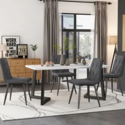 Spisebordsstole, sæt med 4, køkkenstole med polstring, twill linnedbetræk, metalben, mørkegrå, komfortable grey