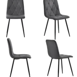 Spisebordsstole, sæt med 4, køkkenstole med polstring, twill linnedbetræk, metalben, mørkegrå, komfortable grey