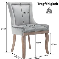 Spisebordsstole sæt med 6, polstret stol i velour med sømhovedbeklædning & ben i massivt træ, grå Gray