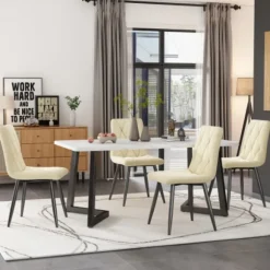 Spisebordsstolesæt med 4, Twill Velvet Betræk & Metalramme, Polstret Stol med Ryglæn, Beige White