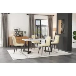 Spisebordsstolesæt med 4, Twill Velvet Betræk & Metalramme, Polstret Stol med Ryglæn, Beige White