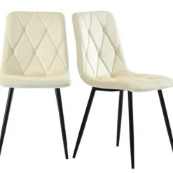 Spisebordsstolesæt med 4, Twill Velvet Betræk & Metalramme, Polstret Stol med Ryglæn, Beige White
