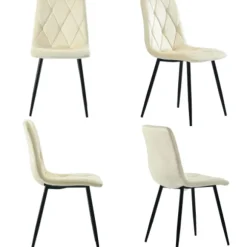 Spisebordsstolesæt med 4, Twill Velvet Betræk & Metalramme, Polstret Stol med Ryglæn, Beige White