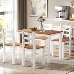 Spisesæt, spisebord, 4 stole, spisestuesæt, fyrretræ, brun+hvid
