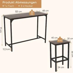 Spisestuesæt i modhøjde med bord og 2 skamler, brun