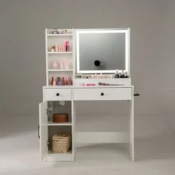 Sæt Coiffeuse og Taburet med LED Spejl COSTWAY, Justerbare Farver, Opladningsstation, 2 Skuffer, Opbevaringsplads, Hvid Vit