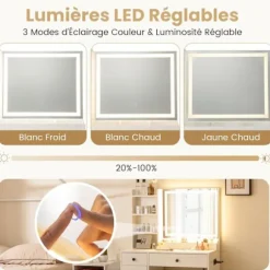 Sæt Coiffeuse og Taburet med LED Spejl COSTWAY, Justerbare Farver, Opladningsstation, 2 Skuffer, Opbevaringsplads, Hvid Vit