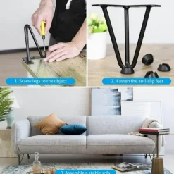 Sæt med 4 bordben 10 cm - DIY møbelben - til sofabord spisebord sort - med fodbeskyttere og skruer