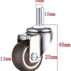 Sæt med 4 drejelige møbelhjul - M6 X 15mm - Med 25mm gevind - Blød gummi - Tpe gevind - Mini møbelhjul (25mm)