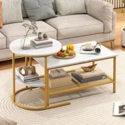Sæt med 2 Nesting Sofaborde i 2 Niveauer COSTWAY, Hvid Marmorlook Plade, Guld Metalramme, Sidebord til Stue Guld og Hvid