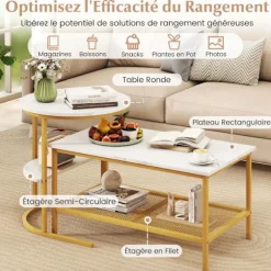 Sæt med 2 Nesting Sofaborde i 2 Niveauer COSTWAY, Hvid Marmorlook Plade, Guld Metalramme, Sidebord til Stue Guld og Hvid