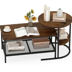 Sæt med 2 Nesting Sofaborde med 2 Niveauer COSTWAY Marmor Imitation Brun Metalramme i Sort, Sidebord til Stuen Brun og sort