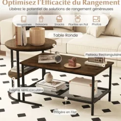 Sæt med 2 Nesting Sofaborde med 2 Niveauer COSTWAY Marmor Imitation Brun Metalramme i Sort, Sidebord til Stuen Brun og sort
