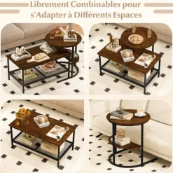 Sæt med 2 Nesting Sofaborde med 2 Niveauer COSTWAY Marmor Imitation Brun Metalramme i Sort, Sidebord til Stuen Brun og sort