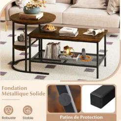 Sæt med 2 Nesting Sofaborde med 2 Niveauer COSTWAY Marmor Imitation Brun Metalramme i Sort, Sidebord til Stuen Brun og sort
