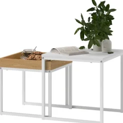 Sæt med 2 sofaborde, firkantede sideborde, sofabord med stålstel, sofabord i moderne design, til stue, bæreevne op til 30 kg, hvid + eg