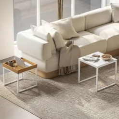 Sæt med 2 sofaborde, firkantede sideborde, sofabord med stålstel, sofabord i moderne design, til stue, bæreevne op til 30 kg, hvid + eg