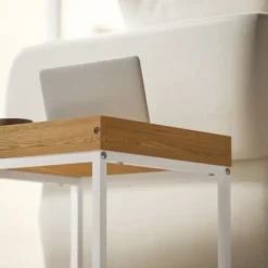 Sæt med 2 sofaborde, firkantede sideborde, sofabord med stålstel, sofabord i moderne design, til stue, bæreevne op til 30 kg, hvid + eg