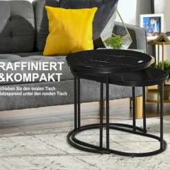 Sæt Med 2 Sofaborde Runde Ovale Bestillingsbord Sofabord Stabelbart Med Imiteret Marmorside Op Til 30 Kg Mdf Stål Sort Ø50 X 50,5H Cm