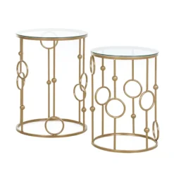 Sæt med 2 sofaborde, sideborde med glasplader, stueborde med bøjle og kugle design Ø41 x 57 cm, guld