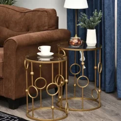 Sæt med 2 sofaborde, sideborde med glasplader, stueborde med bøjle og kugle design Ø41 x 57 cm, guld