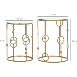 Sæt med 2 sofaborde, sideborde med glasplader, stueborde med bøjle og kugle design Ø41 x 57 cm, guld