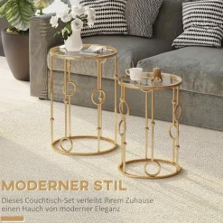 Sæt med 2 sofaborde, sideborde med glasplader, stueborde med bøjle og kugle design Ø41 x 57 cm, guld