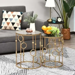 Sæt med 2 sofaborde, sideborde med glasplader, stueborde med bøjle og kugle design Ø41 x 57 cm, guld