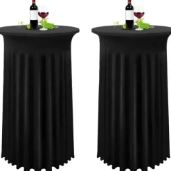 Sæt med 2 sorte betræk til høje borde, dug til ståbord 80 x 110 cm, sort stretch plisseret skørtedug i spandex