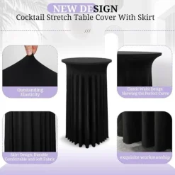Sæt med 2 sorte betræk til høje borde, dug til ståbord 80 x 110 cm, sort stretch plisseret skørtedug i spandex