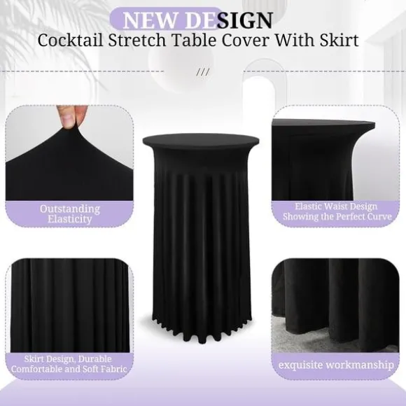 Sæt med 2 sorte betræk til høje borde, dug til ståbord 80 x 110 cm, sort stretch plisseret skørtedug i spandex