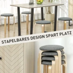 Sæt med 4 stabelbare polstrede skamler, lakeret overflade, træben, grå