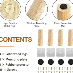 Sæt med 4 Træmøbelben, 8 cm Udskiftnings Sofaben, Sofabordben, Til Seng, Skab, Bænk, TV-skab, Skab, Med Tilbehør (retvinklet)