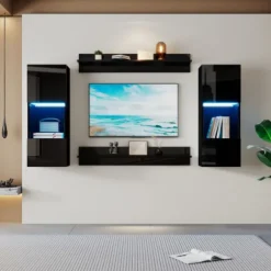 4-sæt væghylde med smart LED-lys: APP-styret, højglans & glas, TV-kompatibel til stue i sort Black
