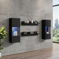 4-sæt væghylde med smart LED-lys: APP-styret, højglans & glas, TV-kompatibel til stue i sort Black