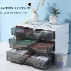 Stabelbar skuffekontorarrangør｜Fire skuffes skrivebordsarrangør｜Organiser skrivebordstilbehør i plast｜(Fashion Pearl White)
