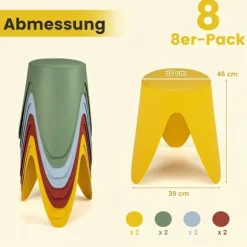 Stabelbare plastikskamler, sæt med 8 med hynder, 46 cm høje
