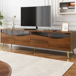 Stilfuldt lowboard med LED-belysning, TV-skab i træfarve med glasfront & guldfødder i metal, 180 cm, stue Wood
