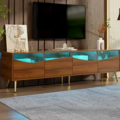Stilfuldt lowboard med LED-belysning, TV-skab i træfarve med glasfront & guldfødder i metal, 180 cm, stue Wood