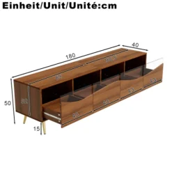Stilfuldt lowboard med LED-belysning, TV-skab i træfarve med glasfront & guldfødder i metal, 180 cm, stue Wood