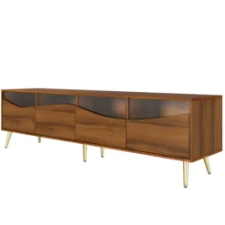 Stilfuldt lowboard med LED-belysning, TV-skab i træfarve med glasfront & guldfødder i metal, 180 cm, stue Wood