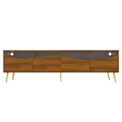 Stilfuldt lowboard med LED-belysning, TV-skab i træfarve med glasfront & guldfødder i metal, 180 cm, stue Wood