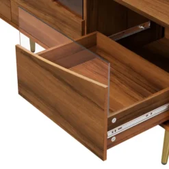 Stilfuldt lowboard med LED-belysning, TV-skab i træfarve med glasfront & guldfødder i metal, 180 cm, stue Wood