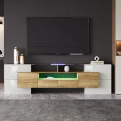 Stilfuldt lowboard med LED-belysning, TV-skab i højglans hvid med elegant glasoverflade, 200 cm, moderne Natural