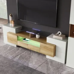 Stilfuldt lowboard med LED-belysning, TV-skab i højglans hvid med elegant glasoverflade, 200 cm, moderne Natural